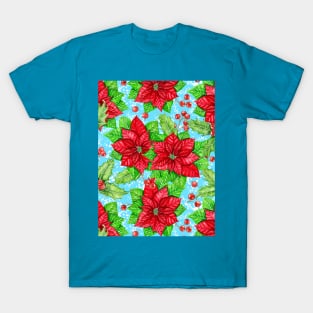 Poinsettia and holly berry watercolor Christmas pattern T-Shirt